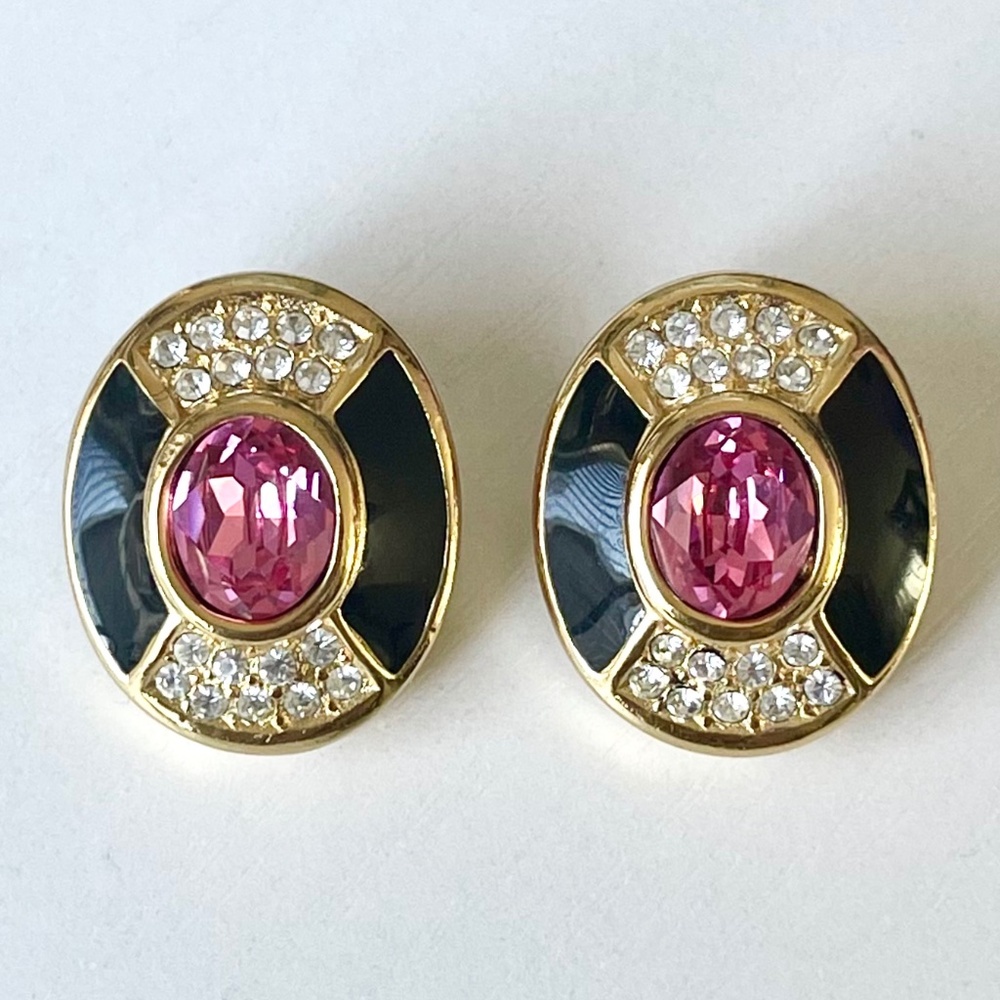Vintage CHRISTIAN DIOR Crystal Enamel Designer Runway Clip On Earrings Gift Idea